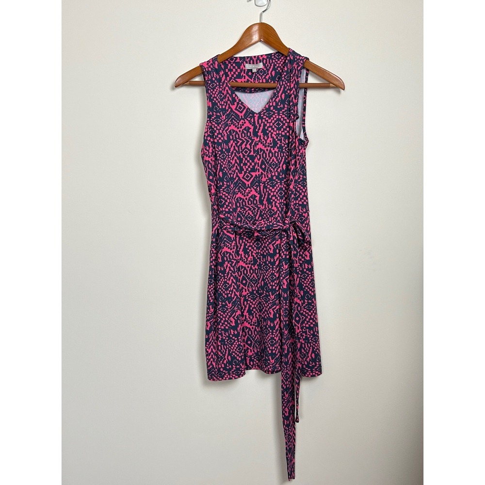 Ellie Kai Pink Navy Geometric Ikat Print VNeck Sleeveless Tie Waist Dress Size 4